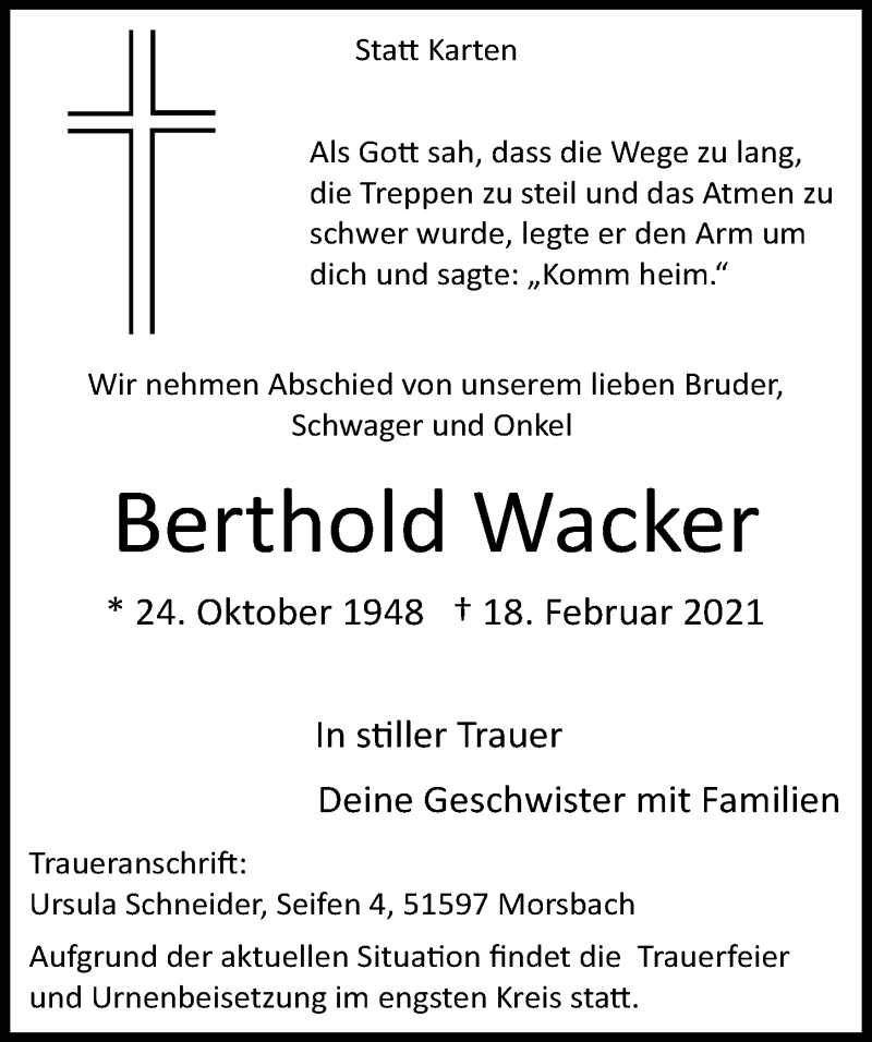  Traueranzeige für Berthold Wacker vom 26.02.2021 aus  Lokalanzeiger 