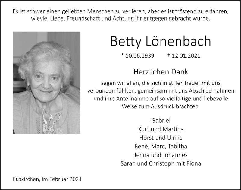  Traueranzeige für Betty Lönenbach vom 06.02.2021 aus  Blickpunkt Euskirchen 