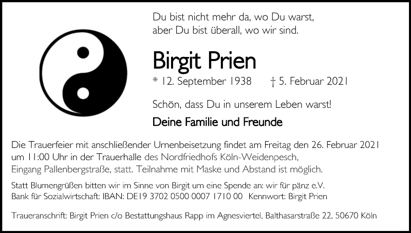  Traueranzeige für Birgit Prien vom 13.02.2021 aus Kölner Stadt-Anzeiger / Kölnische Rundschau / Express