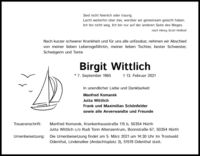  Traueranzeige für Birgit Wittlich vom 18.02.2021 aus Kölner Stadt-Anzeiger / Kölnische Rundschau / Express