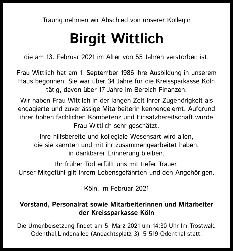  Traueranzeige für Birgit Wittlich vom 01.03.2021 aus Kölner Stadt-Anzeiger / Kölnische Rundschau / Express
