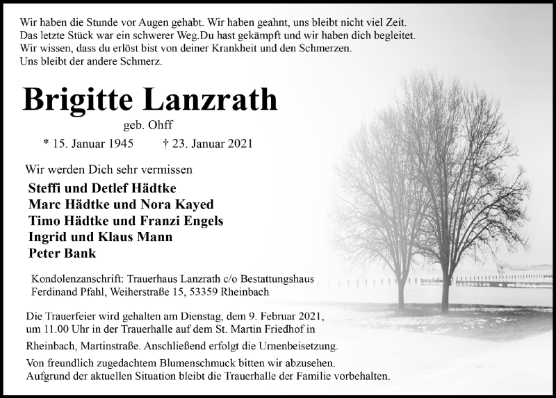  Traueranzeige für Brigitte Lanzrath vom 05.02.2021 aus  Schaufenster/Blickpunkt 