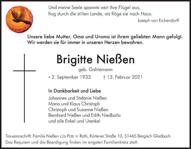  Traueranzeige für Brigitte Nießen vom 20.02.2021 aus Kölner Stadt-Anzeiger / Kölnische Rundschau / Express