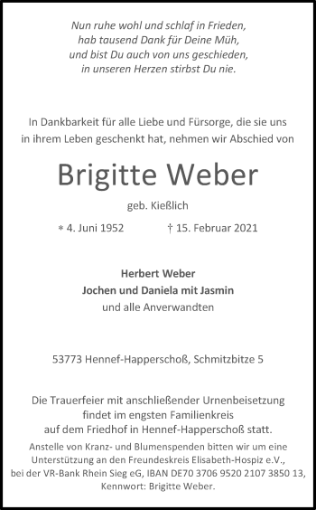 Anzeige von Brigitte Weber von Kölner Stadt-Anzeiger / Kölnische Rundschau / Express