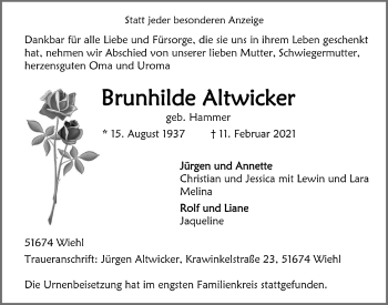 Anzeige von Brunhilde Altwicker von  Anzeigen Echo 
