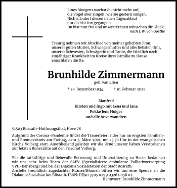 Anzeige von Brunhilde Zimmermann von Kölner Stadt-Anzeiger / Kölnische Rundschau / Express