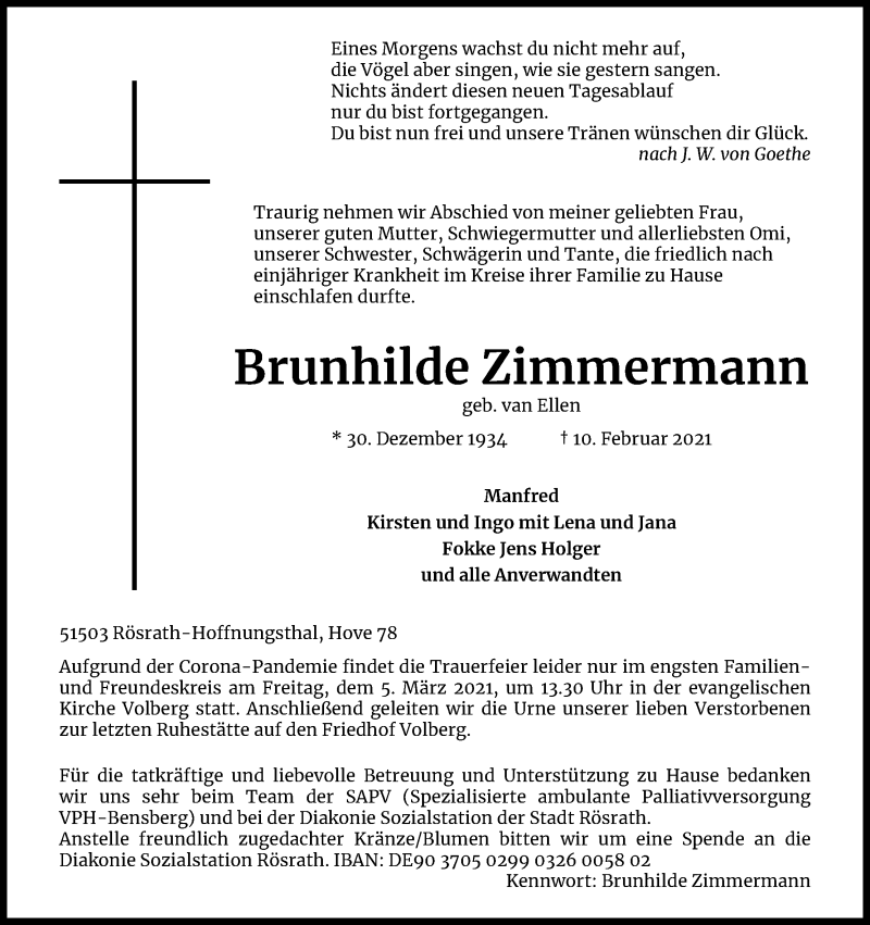  Traueranzeige für Brunhilde Zimmermann vom 27.02.2021 aus Kölner Stadt-Anzeiger / Kölnische Rundschau / Express