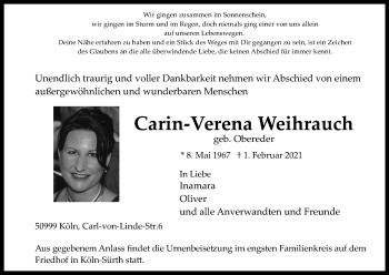 Anzeige von Carin-Verena Weihrauch von Kölner Stadt-Anzeiger / Kölnische Rundschau / Express