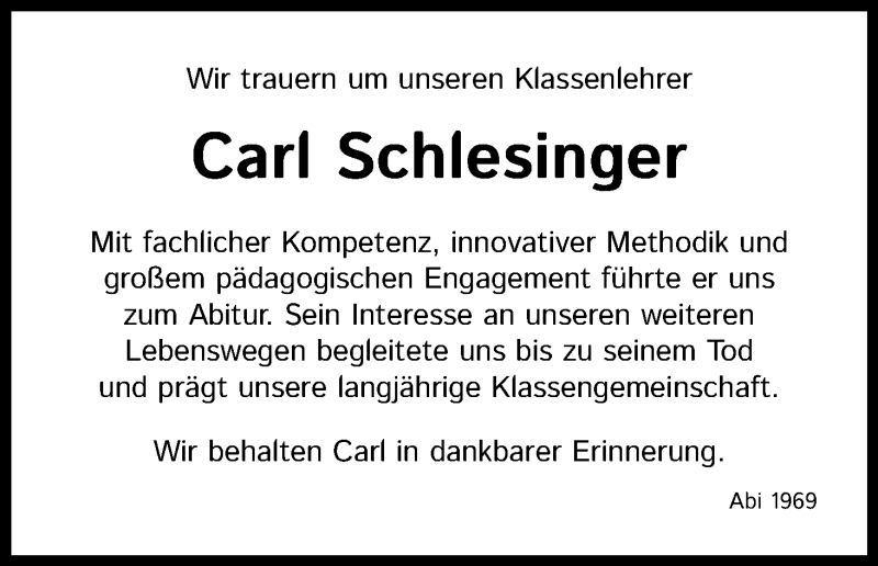  Traueranzeige für Carl Schlesinger vom 06.02.2021 aus Kölner Stadt-Anzeiger / Kölnische Rundschau / Express