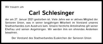 Anzeige von Carl Schlesinger von Kölner Stadt-Anzeiger / Kölnische Rundschau / Express
