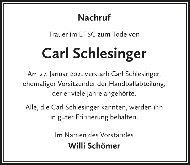 Traueranzeige für Carl Schlesinger vom 06.02.2021 aus  Blickpunkt Euskirchen 