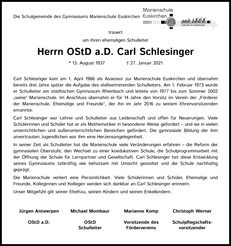  Traueranzeige für Carl Schlesinger vom 06.02.2021 aus Kölner Stadt-Anzeiger / Kölnische Rundschau / Express
