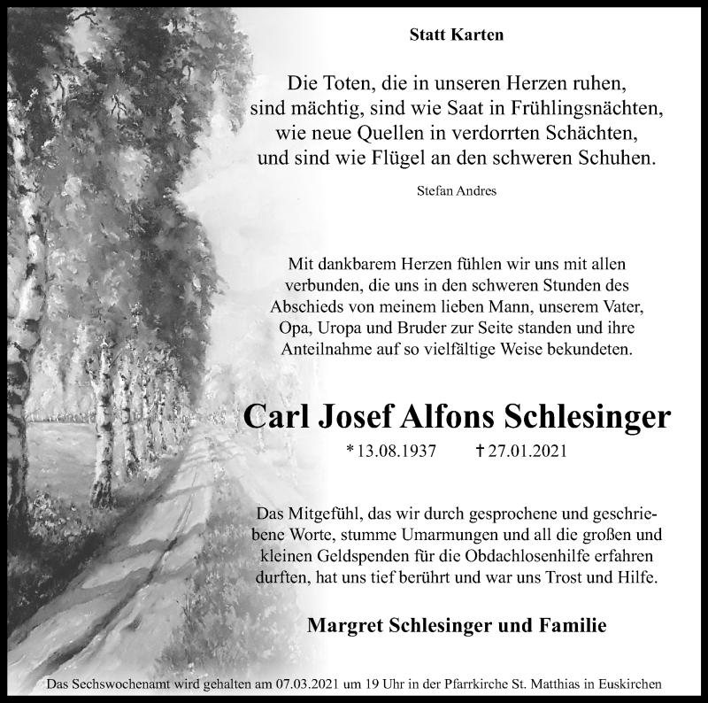  Traueranzeige für Carl Josef Alfons  Schlesinger vom 20.02.2021 aus Kölner Stadt-Anzeiger / Kölnische Rundschau / Express