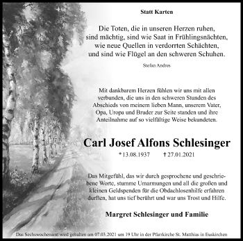 Anzeige von Carl Josef Alfons  Schlesinger von Kölner Stadt-Anzeiger / Kölnische Rundschau / Express