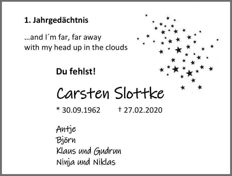  Traueranzeige für Carsten Slottke vom 26.02.2021 aus  Anzeigen Echo 