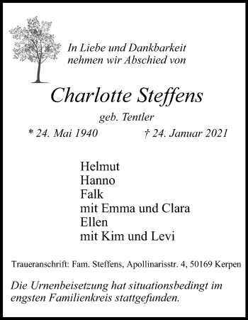Anzeige von Charlotte Steffens von Kölner Stadt-Anzeiger / Kölnische Rundschau / Express