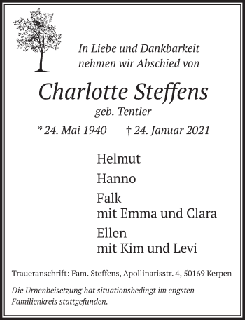 Anzeige von Charlotte Steffens von  Wochenende 