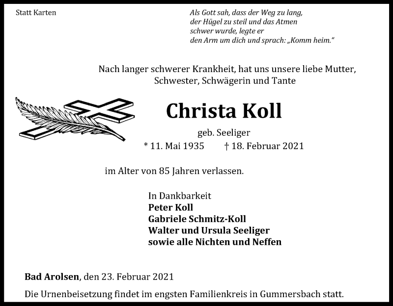  Traueranzeige für Christa Koll vom 23.02.2021 aus Kölner Stadt-Anzeiger / Kölnische Rundschau / Express