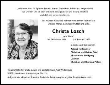 Anzeige von Christa Losch von Kölner Stadt-Anzeiger / Kölnische Rundschau / Express