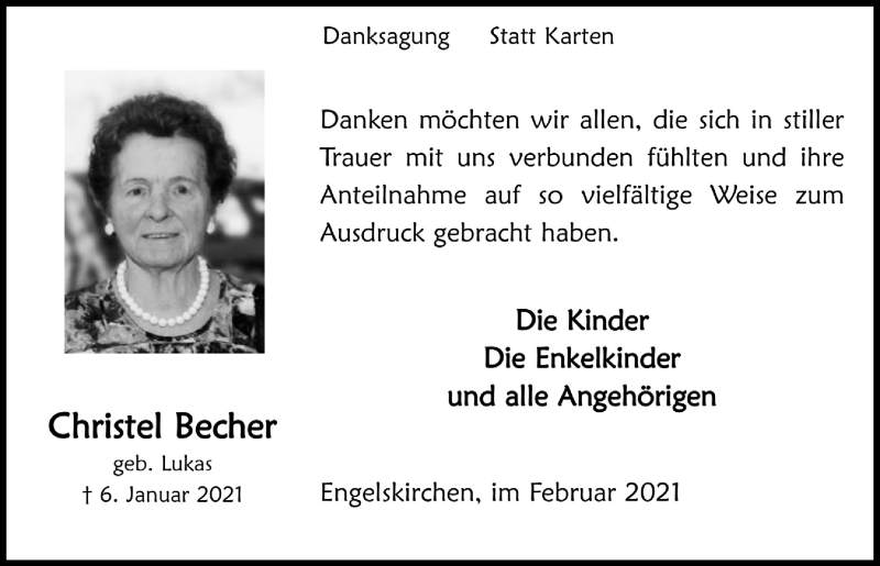  Traueranzeige für Christel Becher vom 19.02.2021 aus  Anzeigen Echo 