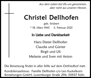 Anzeige von Christel Dellhofen von Kölner Stadt-Anzeiger / Kölnische Rundschau / Express