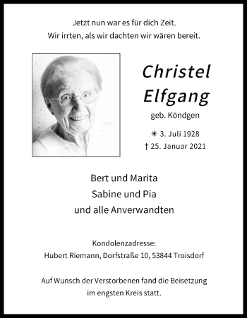 Anzeige von Christel Elfgang von Kölner Stadt-Anzeiger / Kölnische Rundschau / Express