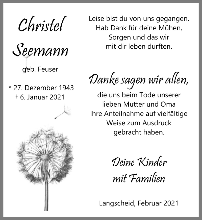  Traueranzeige für Christel Seemann vom 20.02.2021 aus  Blickpunkt Euskirchen 