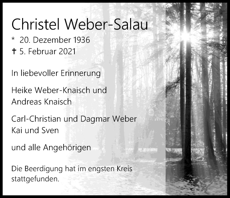  Traueranzeige für Christel Weber-Salau vom 13.02.2021 aus Kölner Stadt-Anzeiger / Kölnische Rundschau / Express
