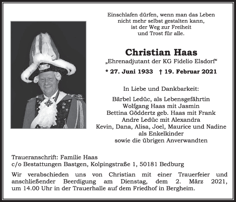  Traueranzeige für Christian Haas vom 26.02.2021 aus  Werbepost 