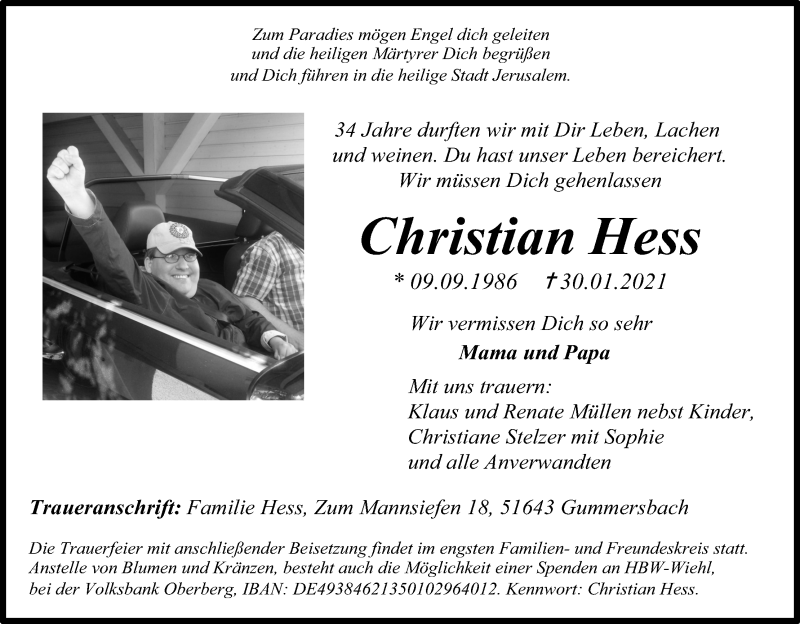  Traueranzeige für Christian Hess vom 06.02.2021 aus Kölner Stadt-Anzeiger / Kölnische Rundschau / Express