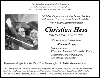 Anzeige von Christian Hess von  Anzeigen Echo 