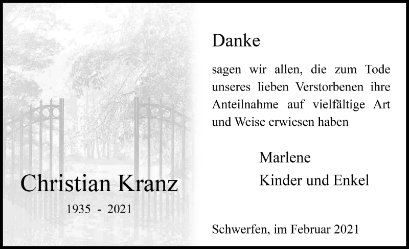  Traueranzeige für Christian Kranz vom 27.02.2021 aus  Blickpunkt Euskirchen 