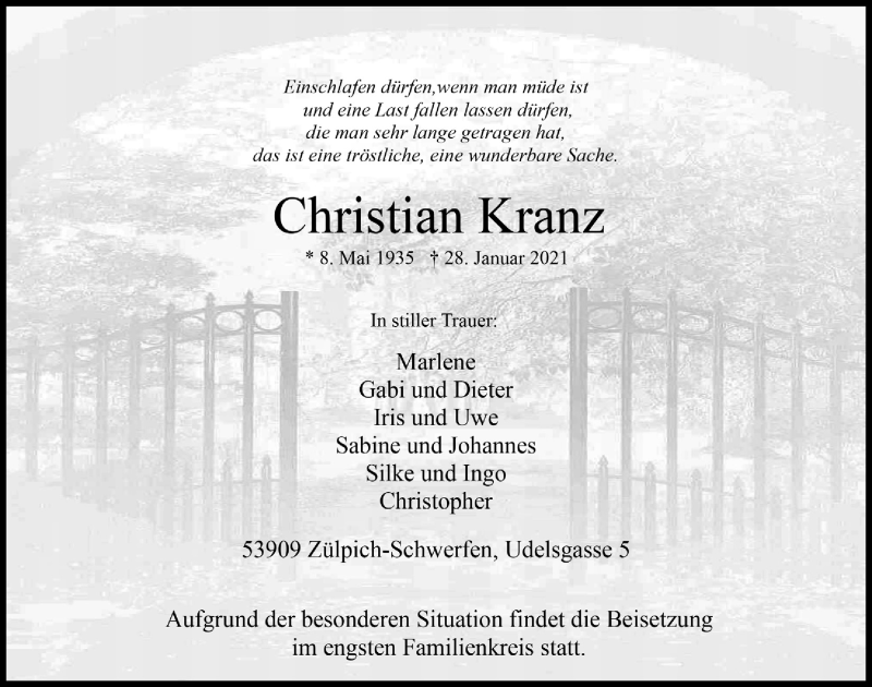  Traueranzeige für Christian Kranz vom 06.02.2021 aus  Blickpunkt Euskirchen 