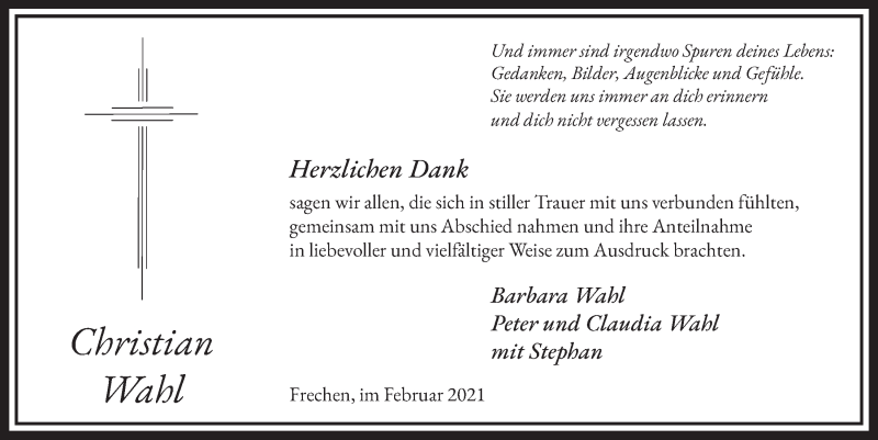 Traueranzeige für Christian Wahl vom 19.02.2021 aus  Wochenende 