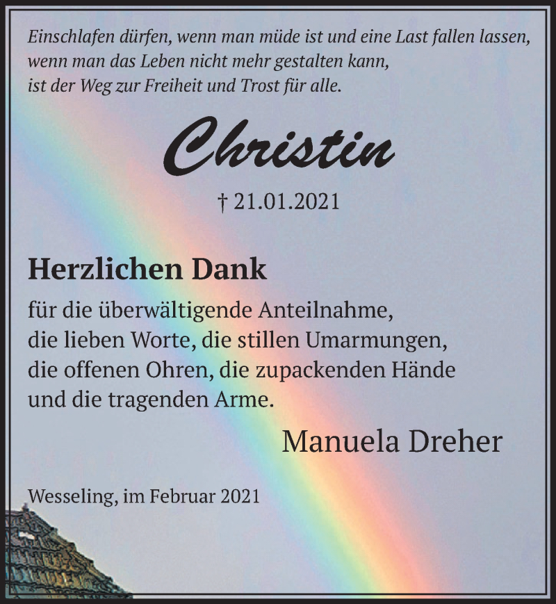  Traueranzeige für Christin wehad hold vom 19.02.2021 aus  Schlossbote/Werbekurier 
