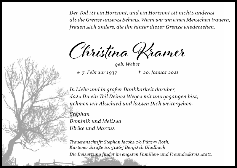  Traueranzeige für Christina Kramer vom 06.02.2021 aus Kölner Stadt-Anzeiger / Kölnische Rundschau / Express