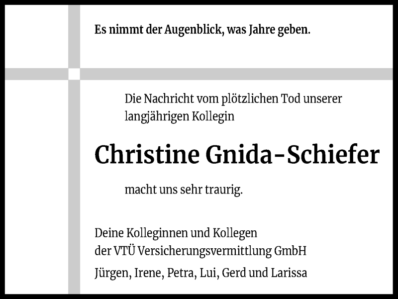  Traueranzeige für Christine Gnida-Schiefer vom 20.02.2021 aus Kölner Stadt-Anzeiger / Kölnische Rundschau / Express