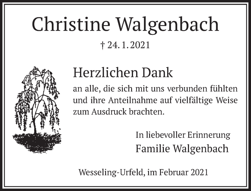 Traueranzeige für Christine Walgenbach vom 26.02.2021 aus  Schlossbote/Werbekurier 
