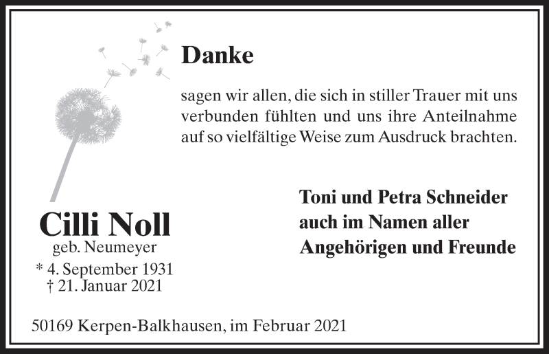  Traueranzeige für Cilli Noll vom 19.02.2021 aus  Werbepost 