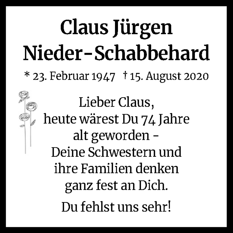  Traueranzeige für Claus Jürgen Nieder-Schabbehard vom 23.02.2021 aus Kölner Stadt-Anzeiger / Kölnische Rundschau / Express