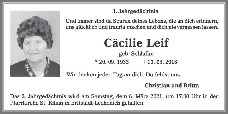  Traueranzeige für Cäcilie Leif vom 26.02.2021 aus  Werbepost 