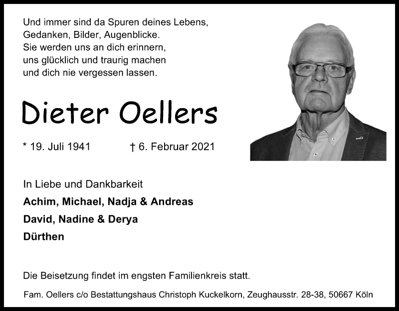  Traueranzeige für Dieter Oellers vom 13.02.2021 aus Kölner Stadt-Anzeiger / Kölnische Rundschau / Express