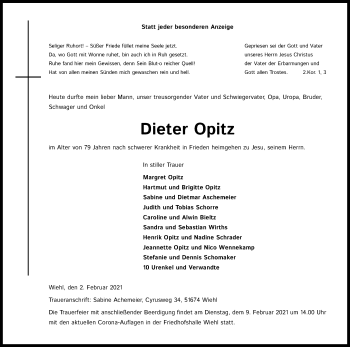 Anzeige von Dieter Opitz von Kölner Stadt-Anzeiger / Kölnische Rundschau / Express
