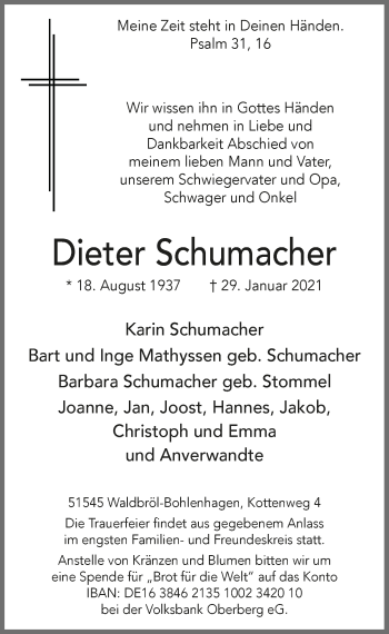 Anzeige von Dieter Schumacher von  Lokalanzeiger 