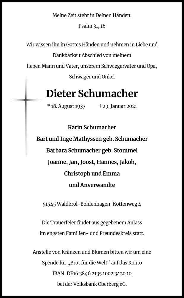  Traueranzeige für Dieter Schumacher vom 03.02.2021 aus Kölner Stadt-Anzeiger / Kölnische Rundschau / Express