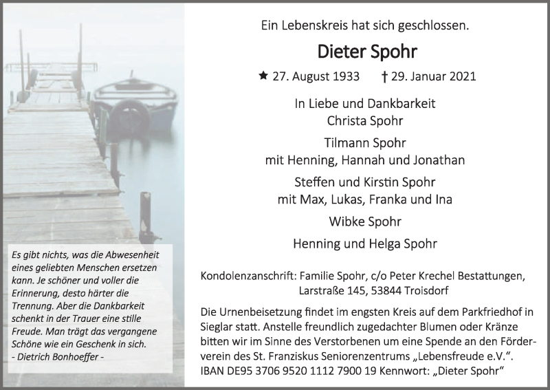  Traueranzeige für Dieter Spohr vom 06.02.2021 aus Kölner Stadt-Anzeiger / Kölnische Rundschau / Express