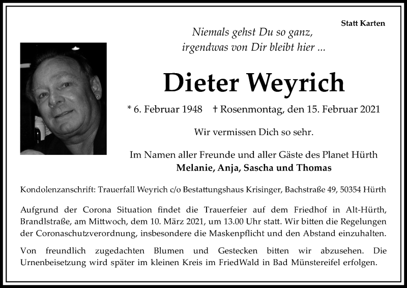  Traueranzeige für Dieter Weyrich vom 27.02.2021 aus Kölner Stadt-Anzeiger / Kölnische Rundschau / Express