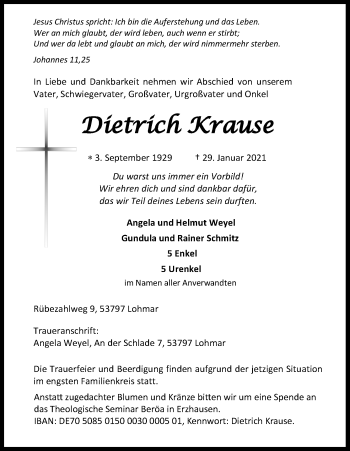 Anzeige von Dietrich Krause von Kölner Stadt-Anzeiger / Kölnische Rundschau / Express