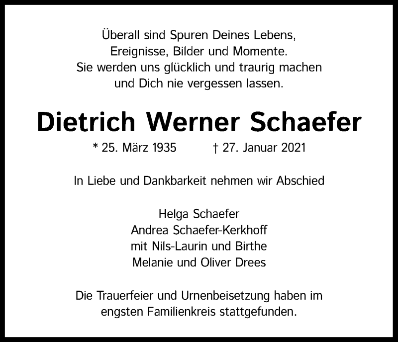  Traueranzeige für Dietrich Werner Schaefer vom 17.02.2021 aus Kölner Stadt-Anzeiger / Kölnische Rundschau / Express