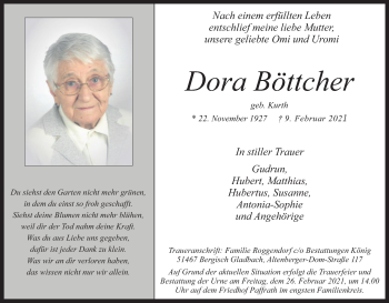Anzeige von Dora Böttcher von Kölner Stadt-Anzeiger / Kölnische Rundschau / Express